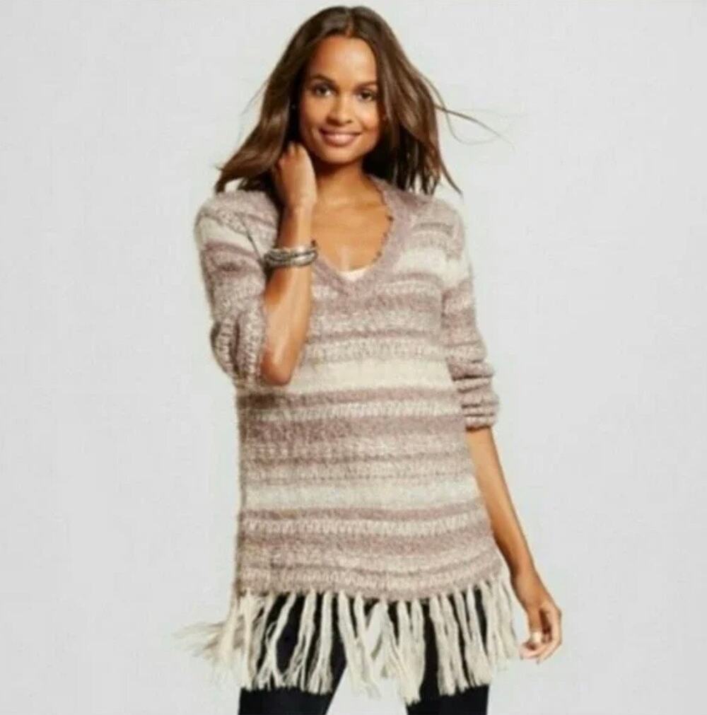 Knox Rose Beige Taupe Long Sleeve Fuzzy Fringe Pullover Sweater Size Small